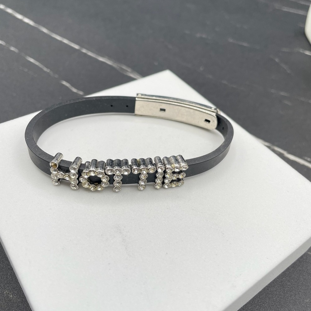 Y2K Silver-Tone Classic Rhinestone Rubber‎ Slider Charm "HOTTIE" Buckle Bracelet